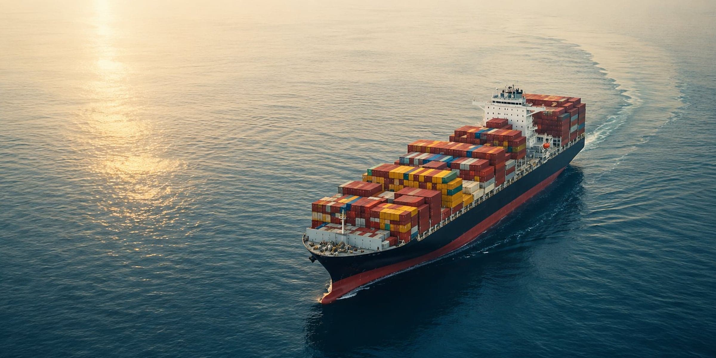 Container ship at sea during golden hour
