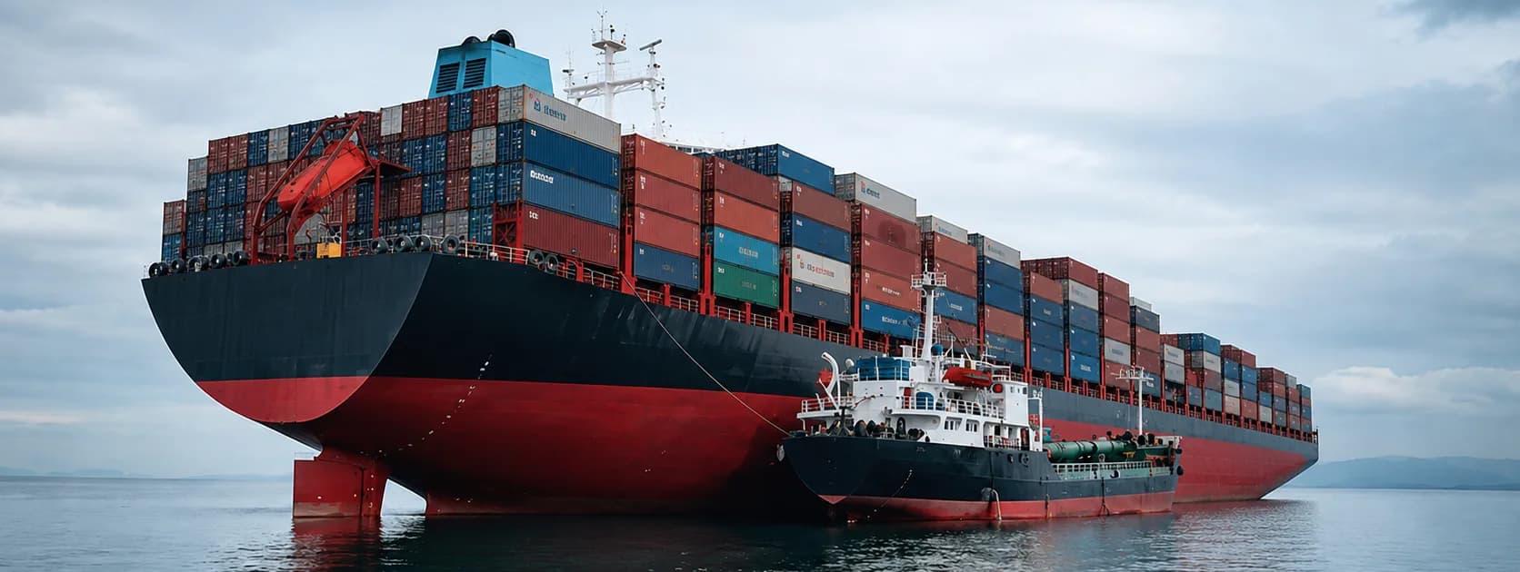 Bunker barge refueling a container vessel at anchor