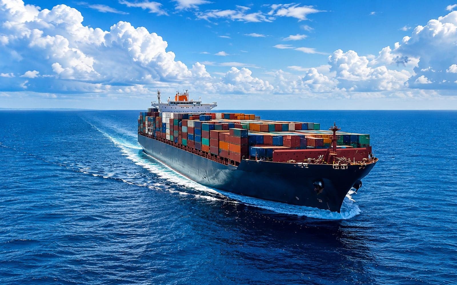 Container ship at sea during golden hour
